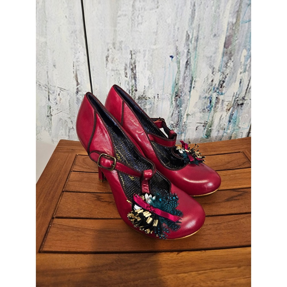 Irregular Choice Mary Jane Heels 40 Red Leather T-Strap Embellished Whimsical